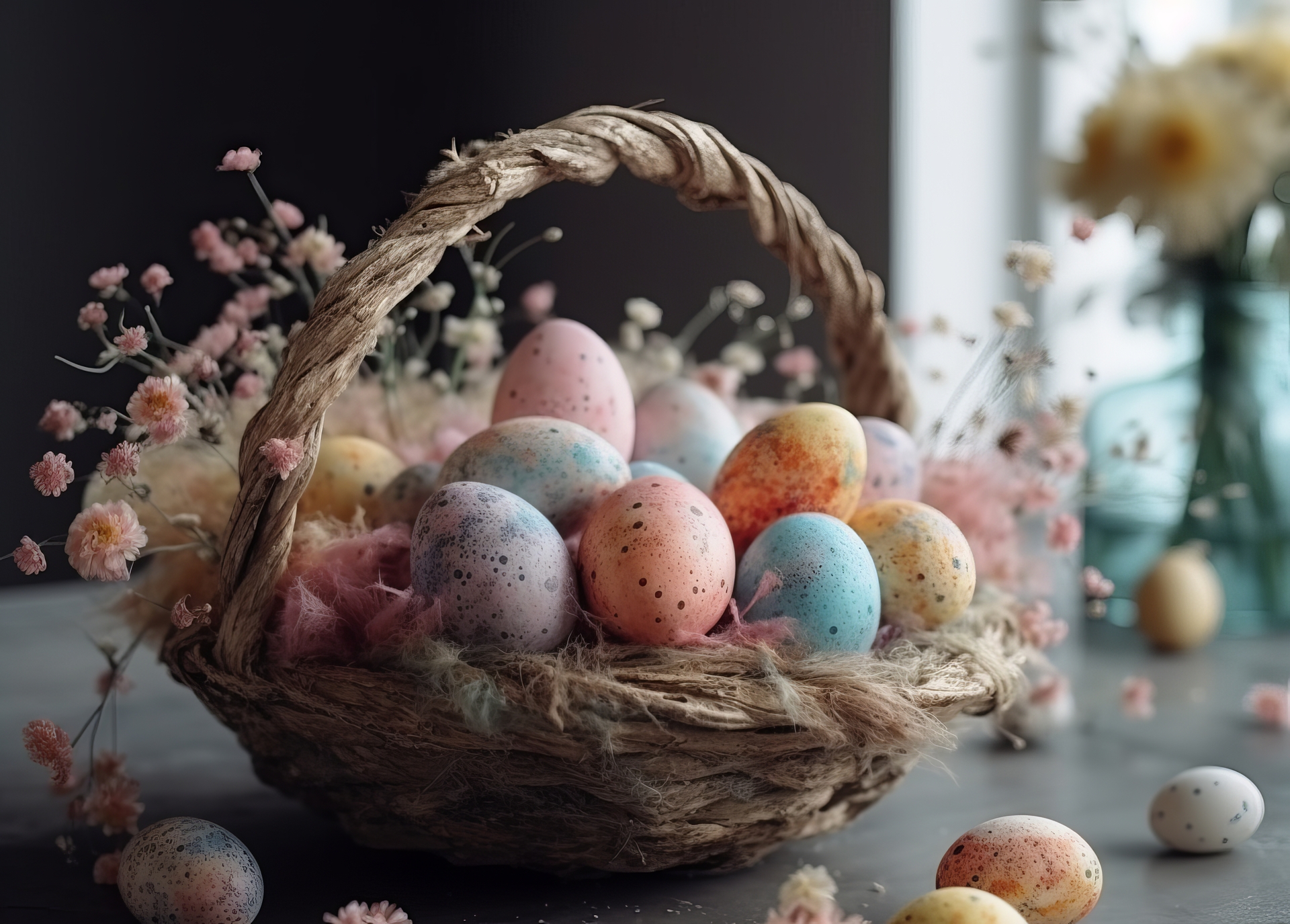 Na drewnianym stole widzimy wiklinowy koszyczek, który jest ozdobiony wiosennymi wstążkami i kwiatowymi motywami. Koszyczek jest symbolem obfitości i płodności, a także tradycyjnym elementem wielkanocnych obrzędów. Wewnątrz koszyczka znajdują się wielobarwne jajka, które zachwycają swoimi jaskrawymi barwami i misternymi wzorami. Każde jajko jest unikalne, malowane w różnych technikach i ozdobione artystycznymi motywami. Widzimy pasiaste wzory, kwiatowe dekoracje, delikatne kropeczki i inne detale, które dodają im wyjątkowego uroku