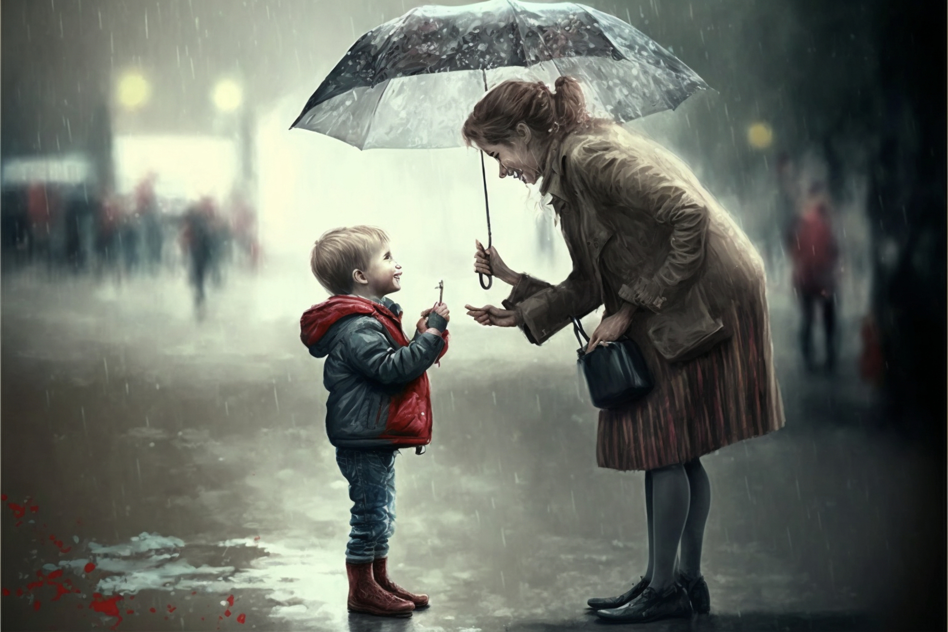 Na tym poruszającym obrazku widzimy uroczą scenę na ulicy, gdzie dobroczynna kobieta podaje parasol chłopcu. Ta gestyczna pomoc i troska odzwierciedlają empatię i współczucie, które możemy znaleźć w naszym społeczeństwie. Kobieta stoi przy chodniku, trzymając parasol, gotowa do podzielenia się nim z inną osobą. Jej ciepłe spojrzenie i wyraz twarzy pokazują chęć niesienia pomocy i ochrony. Chłopiec, który stoi obok niej, jest ubrany w zwykłe ubrania i nie posiada własnego parasola, ale patrząc na niego, widać, że potrzebuje ochrony przed deszczem lub słońcem