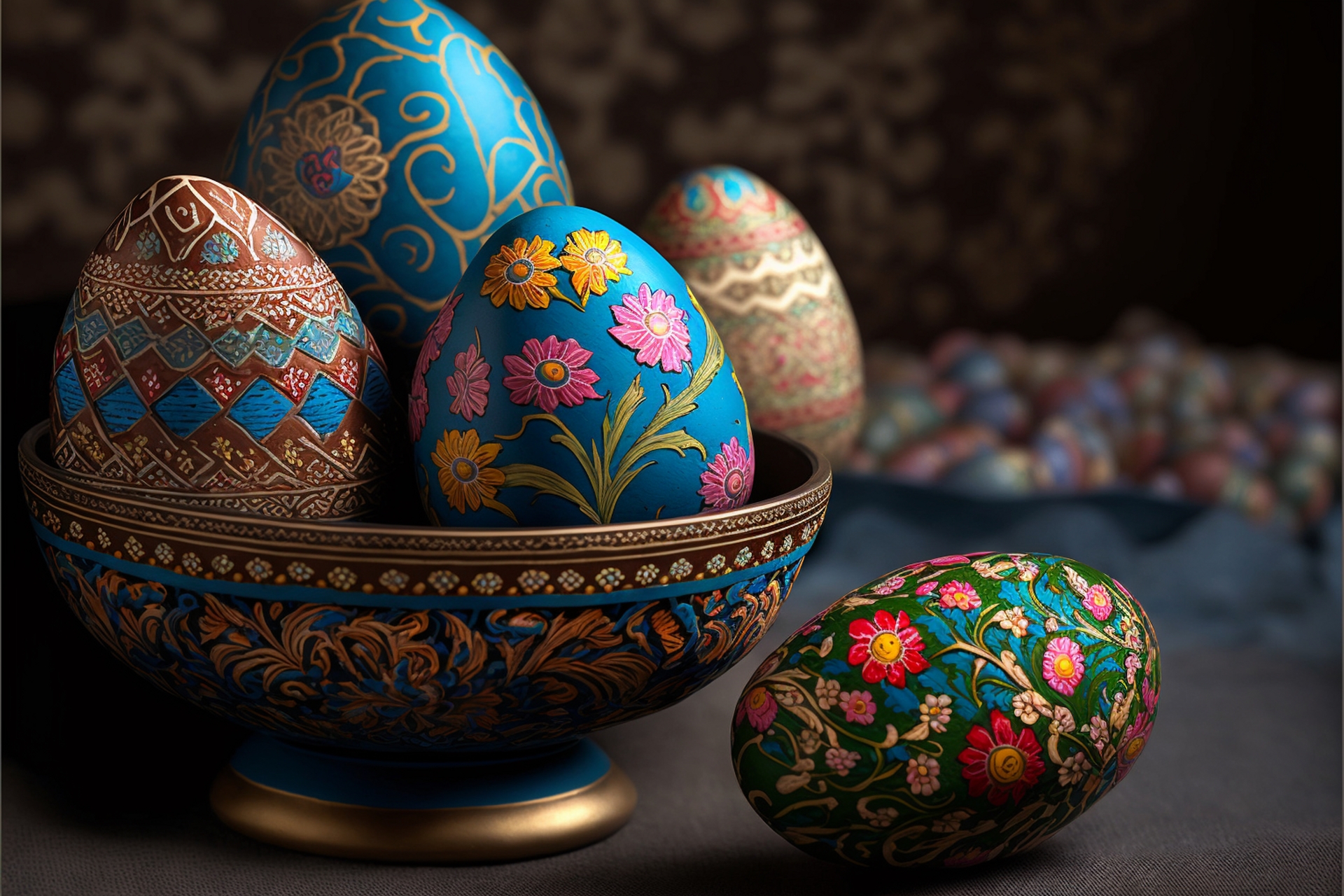 Ten barwny obrazek ukazuje tradycyjne ukraińskie pisanki, znane jako pysanky, umieszczone w urokliwej miseczce na stole. Pisanki są mistrzowsko wykonane i emanują bogactwem wzorów, kolorów i symboliki. Na białym stole widać delikatną porcelanową miseczkę, w której ułożone są pysanki. Miseczka ma subtelne zdobienia, które dodają jej elegancji i podkreślają ważność eksponowanych jajek